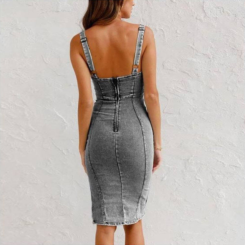 New U-neck Suspender Denim Dress Summer Casual Tight Slim Fit Dresses With Slit Design Clothing Women's Garments Apparel / Clothing