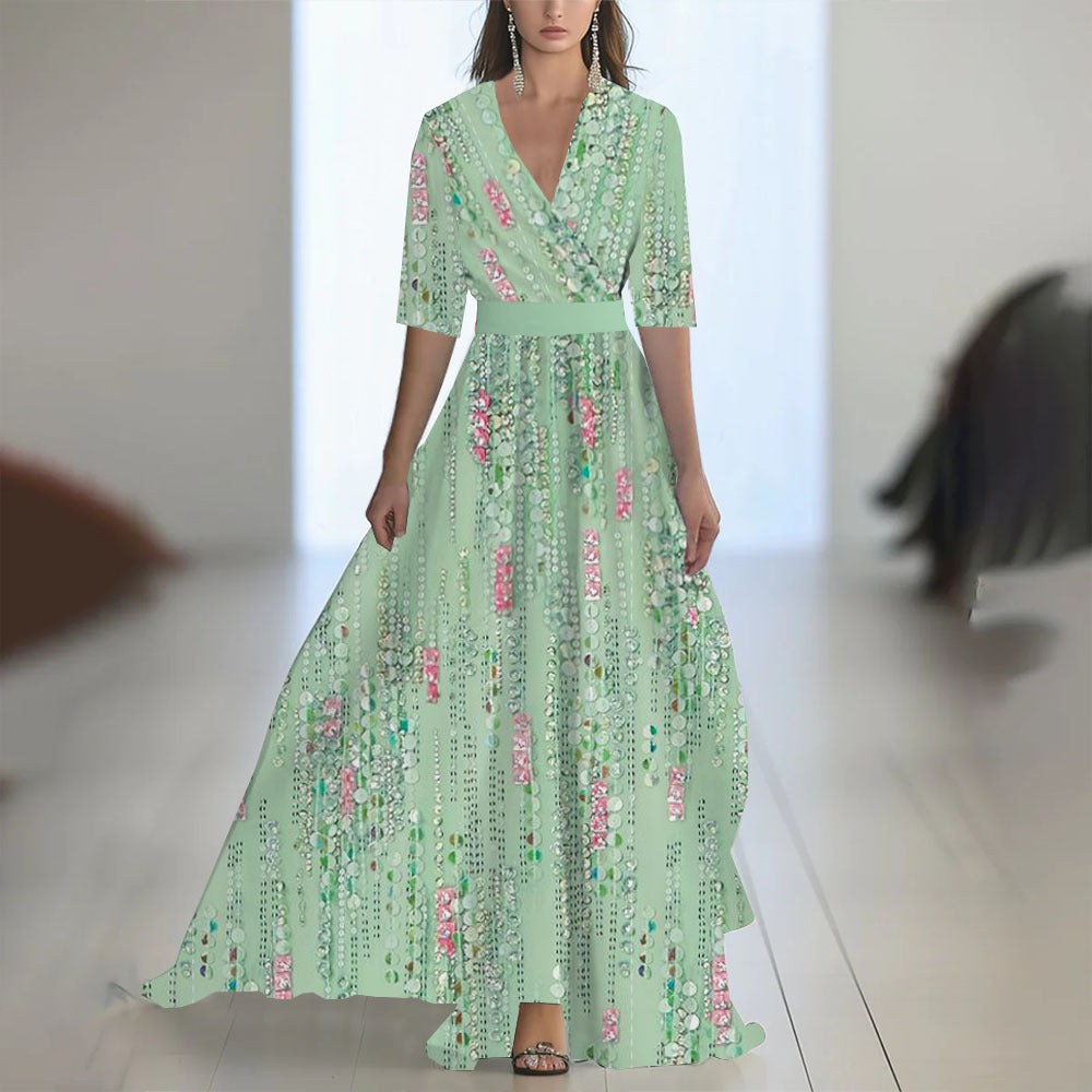 Printed Long Sleeved V-neck Patchwork Dress Women's Garments Apparel / Clothing