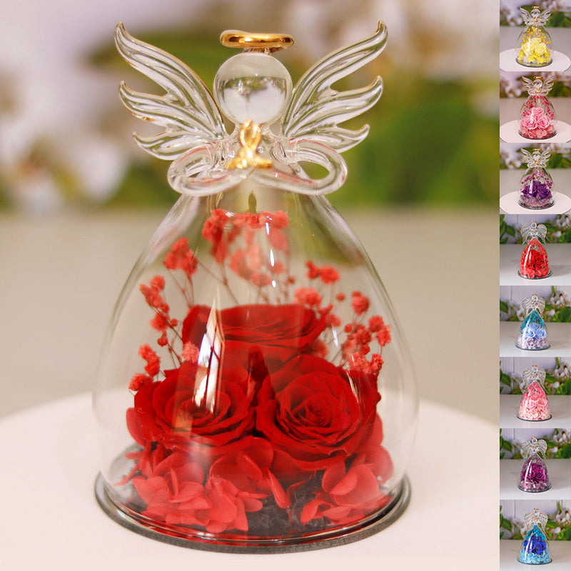 Eternal Flower Gift Box with Angel Glass Cover – Dried Rose Gift Box for Christmas, New Year, Valentine's Day, Home Decor & More