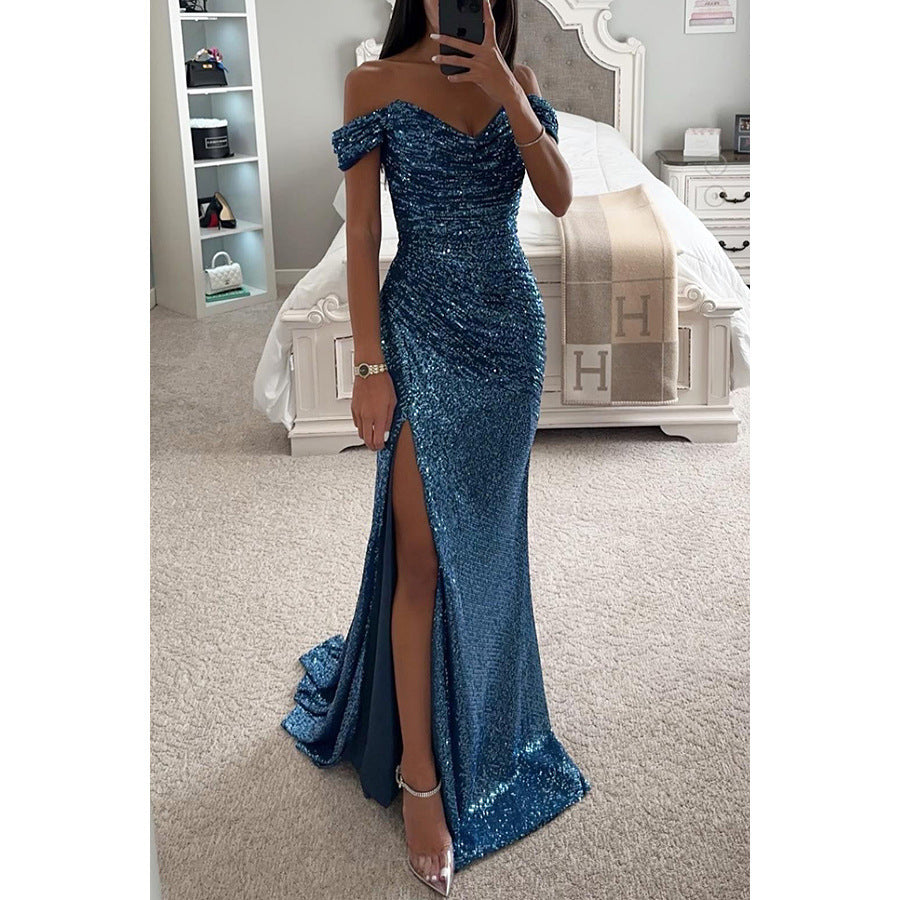 Party Sequins Off-neck Split Dress INS Casual Fashion Dress Women's Garments Apparel / Clothing