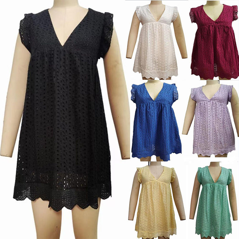Lace Dresses With Pocket Summer Sleeveless Jacquard Cutout V-Neck Beach Dress Women's Garments Apparel / Clothing