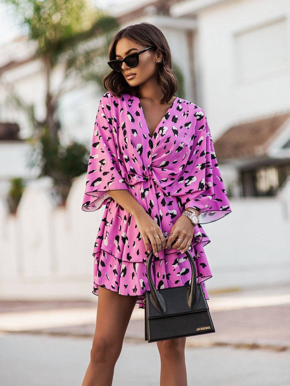 Fashion Print V-Neck Doll Sleeve Loose Cake Dress Women's Garments Apparel / Clothing
