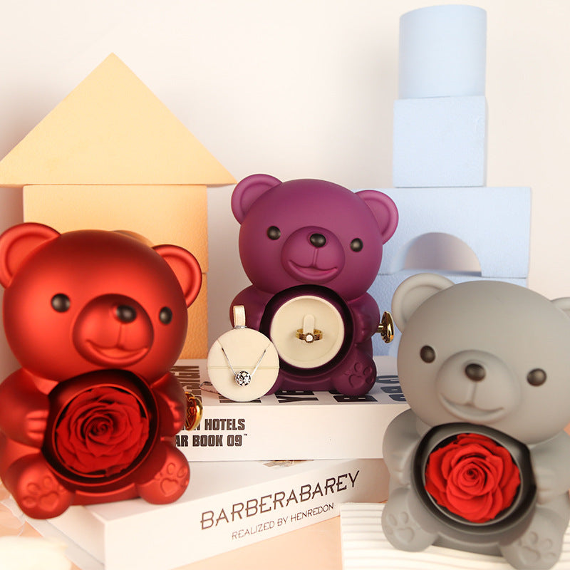 Eternal Rose Teddy Bear Gift Box with Necklace – Rotating Rose Jewelry Box & Storage Case for Women & Girlfriend, Perfect for Valentine's Day, Wedding & More