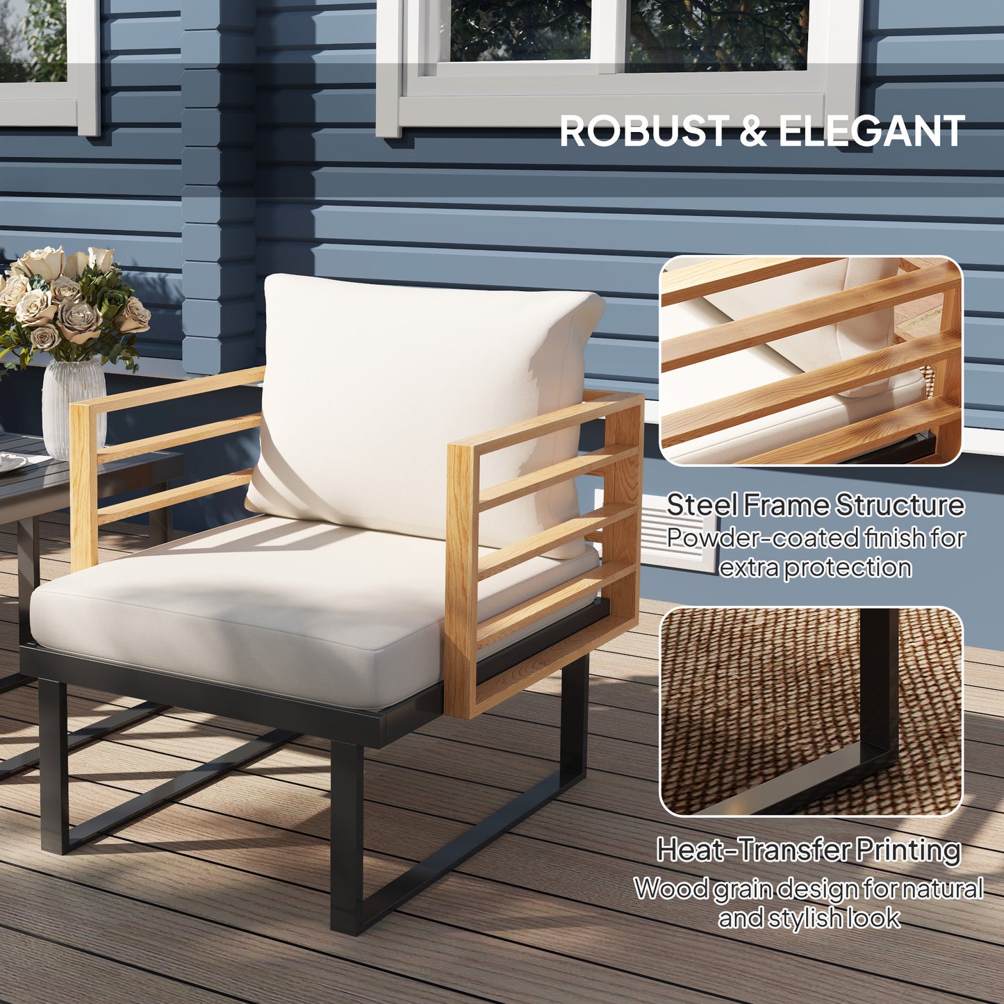 3 Piece Metal Bistro Set, Small Set With Cushions, Armchairs, Slatted Table For Backyard Balcony, Beige Outdoor Garden Patio Furniture
