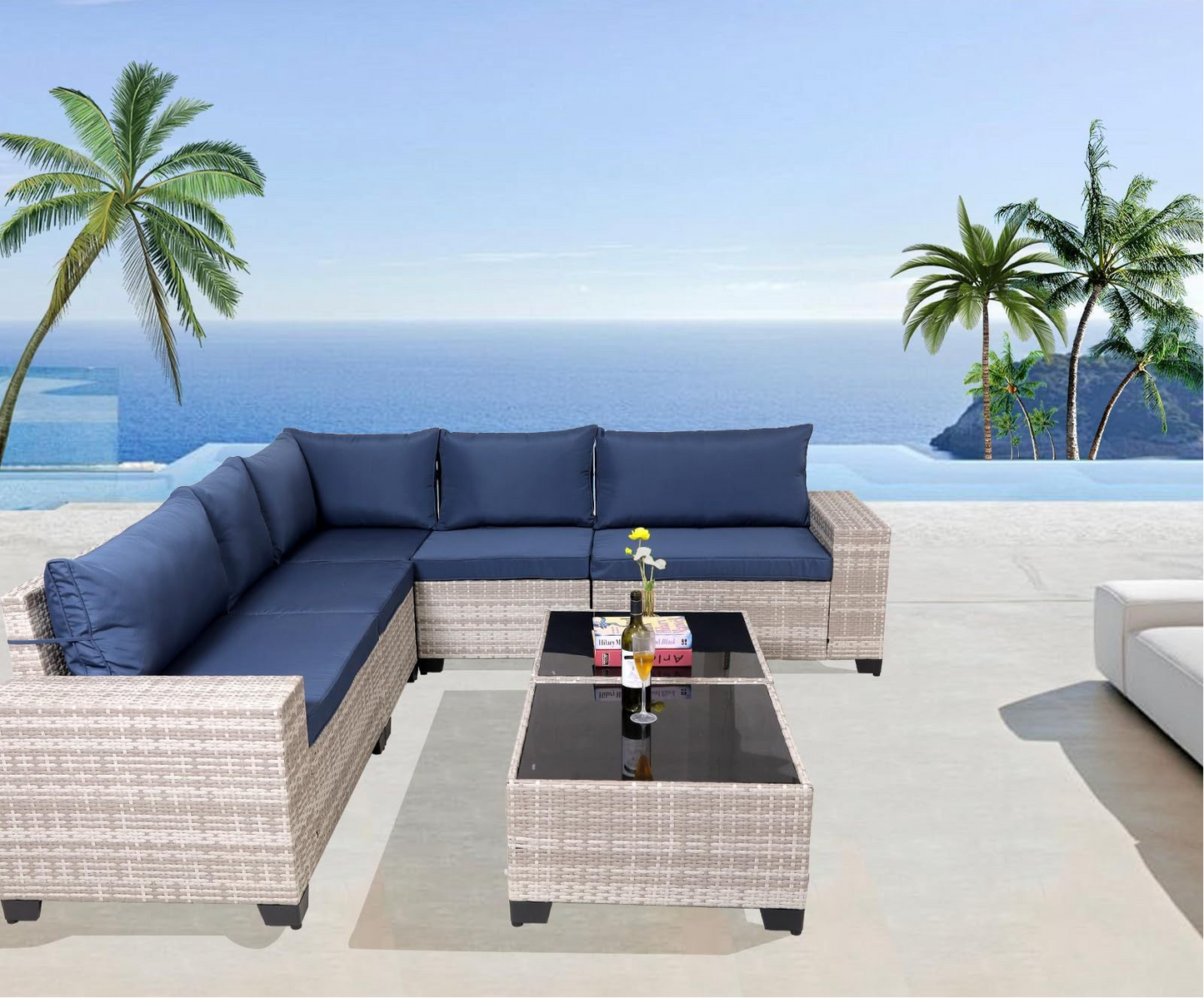 7-Piece Outdoor Patio Furniture Sets, All-Weather Wicker Rattan Sectional Sofa, Modern Two Glass Coffee Table And Washable Seat Cushion Outdoor Garden Patio Furniture