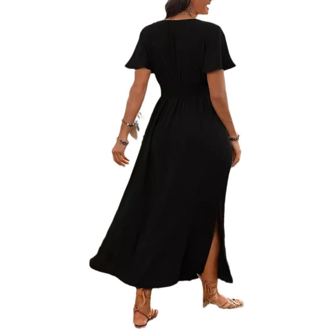 Solid Color And V-neck Bell Sleeve Elastic And Waisted Slimming Slit Long Dress Women's Garments Apparel / Clothing