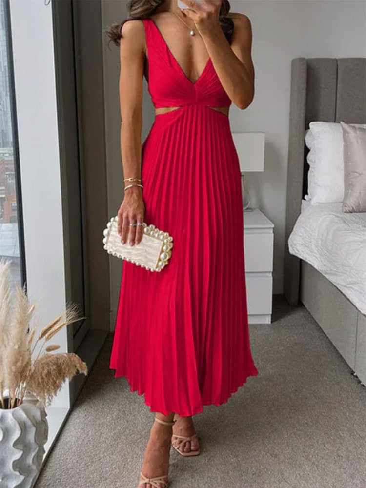 Ins Suspender Pleated Long Dress With Hollow-waisted Design Fashion V-neck Backless Dresses Summer Women's Garments Apparel / Clothing