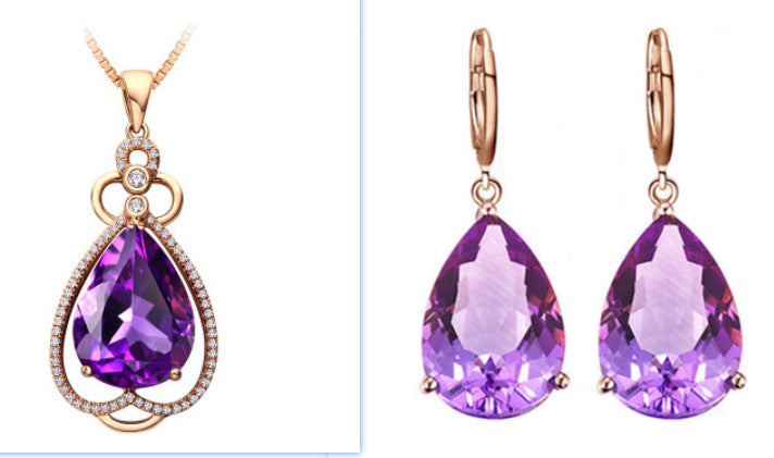 Quality Ear Hook Purple Gemstone Diamond Ring Rose Gold Collarbone Necklace Set Jewelry/Accessories