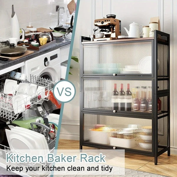 4-Tier Bakers Racks For Kitchens, Kitchen Storage Cabinets, Microwave Stand, Kitchen Shelves For Spices, Pots And Pans Cabinet Send With Of Brakeable Casters