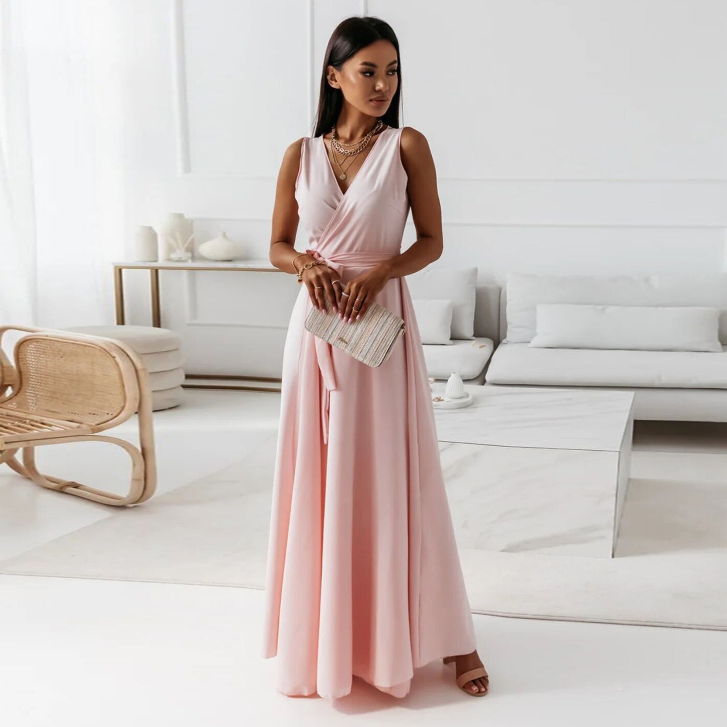 V-neck Sleeveless Dress With Belt Summer Fashion Party Club Evening Maxi Dresses For Women's Garments Apparel / Clothing