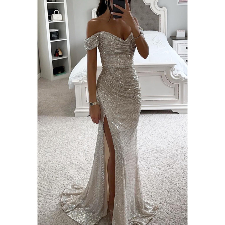 Party Sequins Off-neck Split Dress INS Casual Fashion Dress Women's Garments Apparel / Clothing