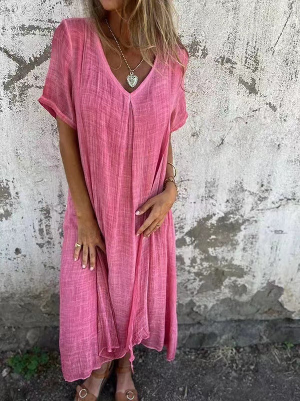 Women's Fashion Temperament Cotton Linen V-neck Semi-formal Dress Women's Garments Apparel / Clothing