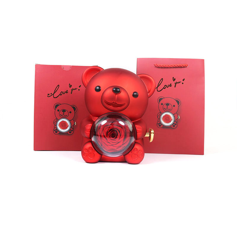 Eternal Rose Teddy Bear Gift Box with Necklace – Rotating Rose Jewelry Box & Storage Case for Women & Girlfriend, Perfect for Valentine's Day, Wedding & More