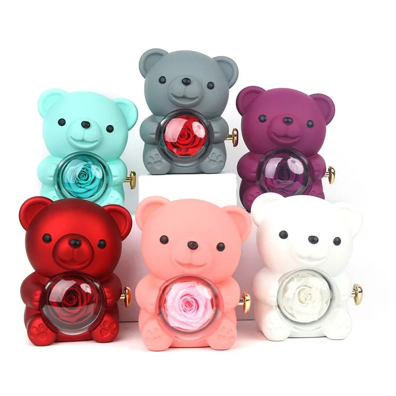 Eternal Rose Teddy Bear Gift Box with Necklace – Rotating Rose Jewelry Box & Storage Case for Women & Girlfriend, Perfect for Valentine's Day, Wedding & More
