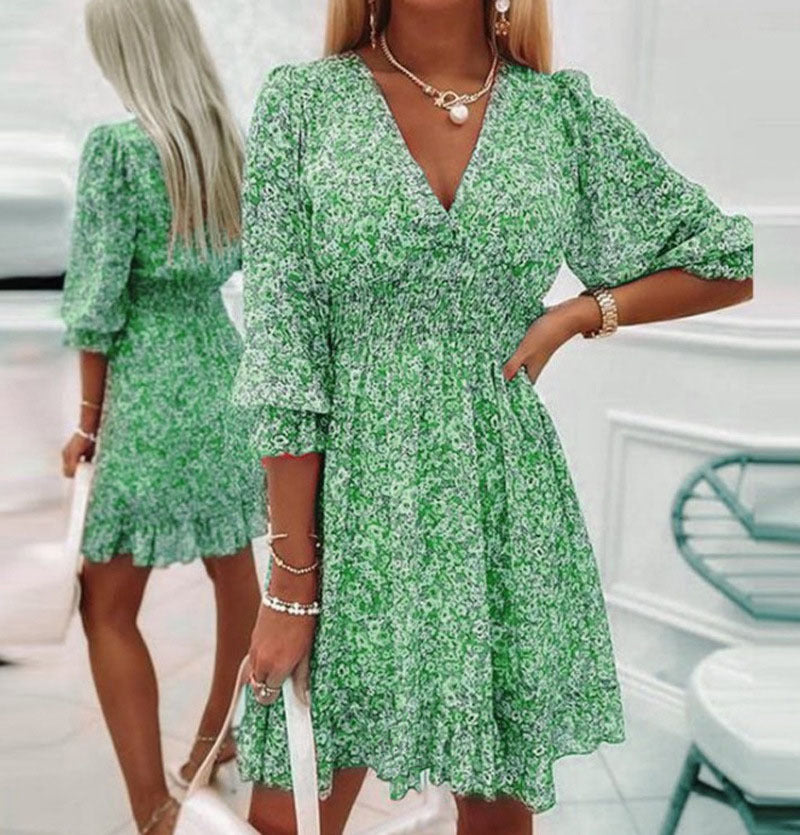 Mid-length Dress Tight Waist Pullover Bohemian Printed Short Sleeve Floral Dress Women's Garments Apparel / Clothing