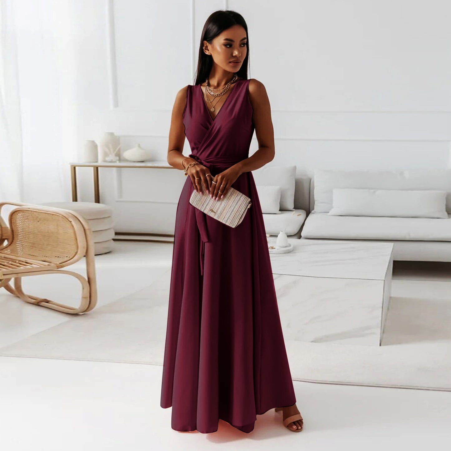 V-neck Sleeveless Dress With Belt Summer Fashion Party Club Evening Maxi Dresses For Women's Garments Apparel / Clothing
