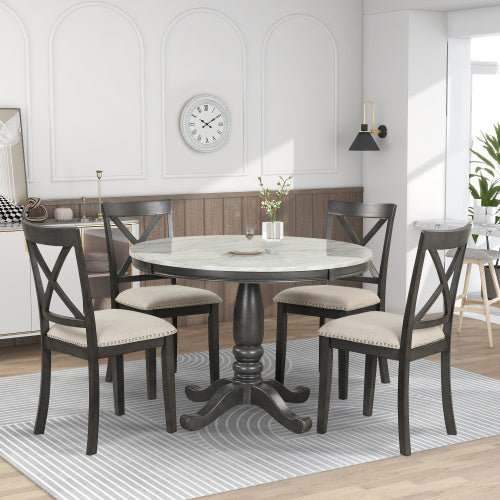 Orisfur. Ensemble table et chaises de salle à manger 5 pièces pour 4 personnes, table de cuisine en bois massif avec 4 chaises.