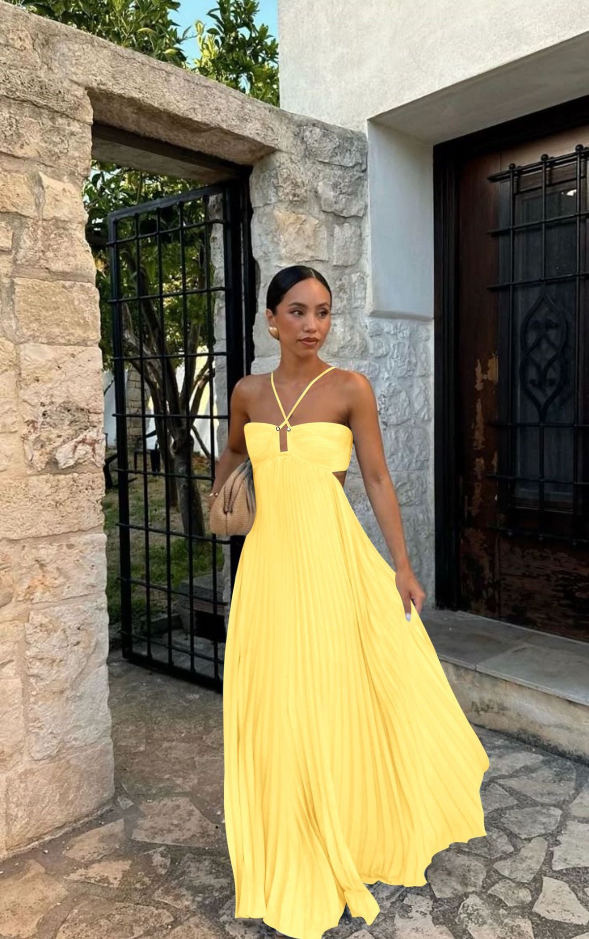 Ins Pleated Sleeveless Sling Dress Hollow High Waist Halter Robe Dresses For Evening Party Club Women's Garments Apparel / Clothing