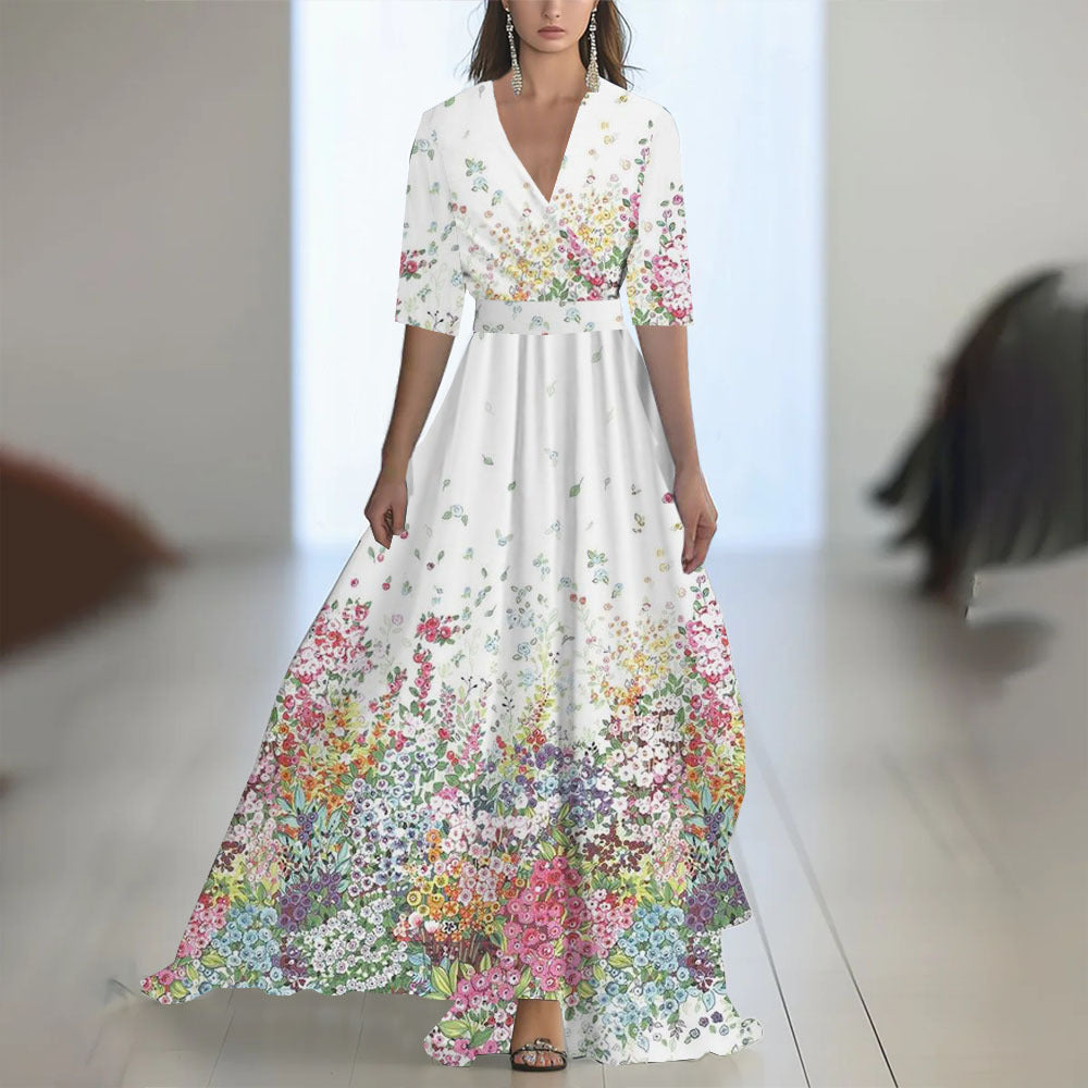 Printed Long Sleeved V-neck Patchwork Dress Women's Garments Apparel / Clothing