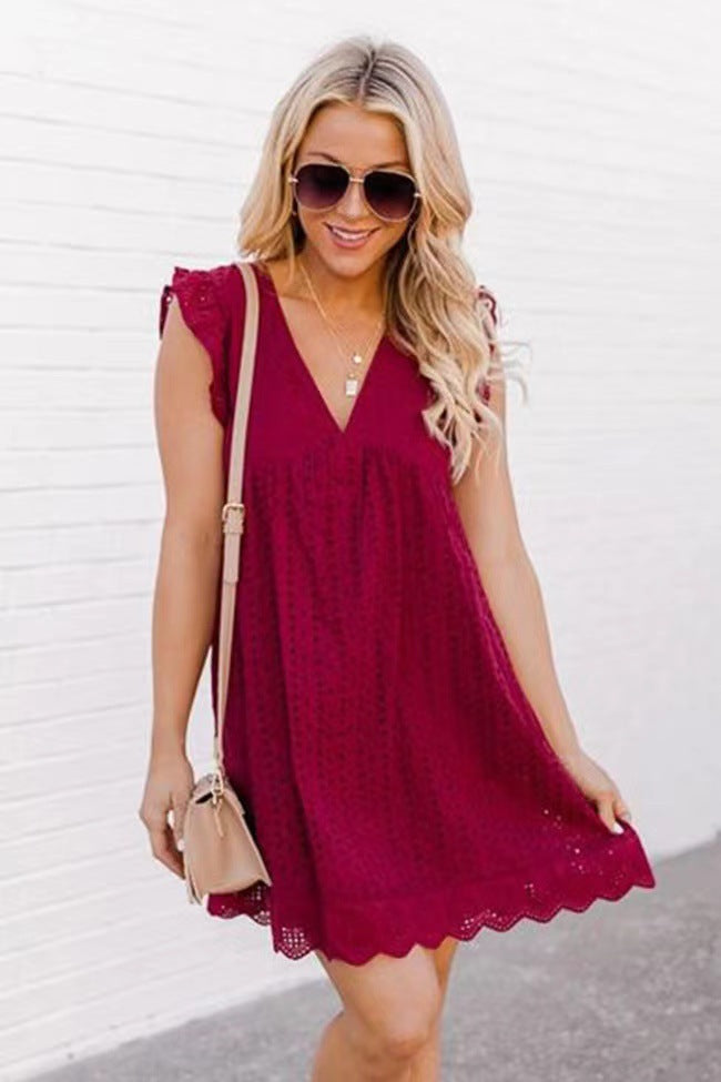 Lace Dresses With Pocket Summer Sleeveless Jacquard Cutout V-Neck Beach Dress Women's Garments Apparel / Clothing