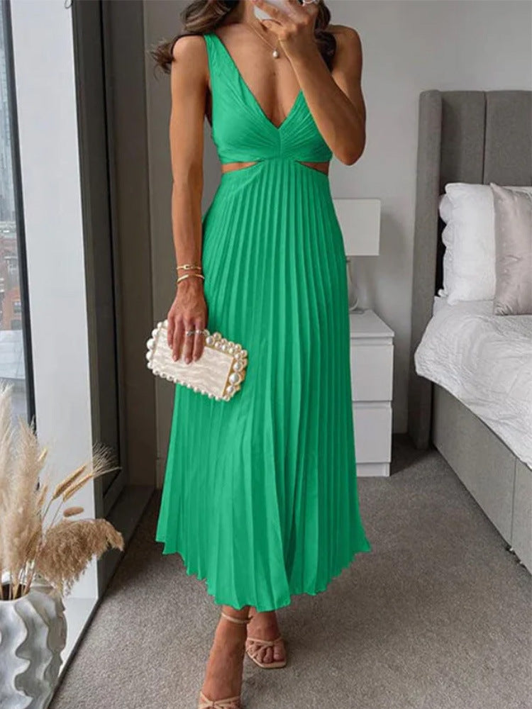 Ins Suspender Pleated Long Dress With Hollow-waisted Design Fashion V-neck Backless Dresses Summer Women's Garments Apparel / Clothing
