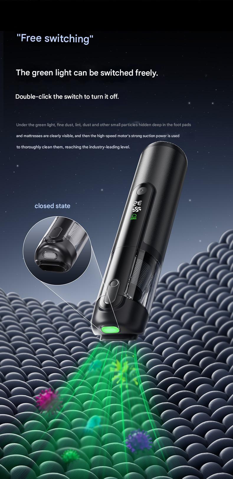 Green Light Dust-Detecting Handheld Car Vacuum Cleaner Wireless High-Suction Compact Portable Car Vacuum Cleaner For Vehicles Appliances Home Essentials