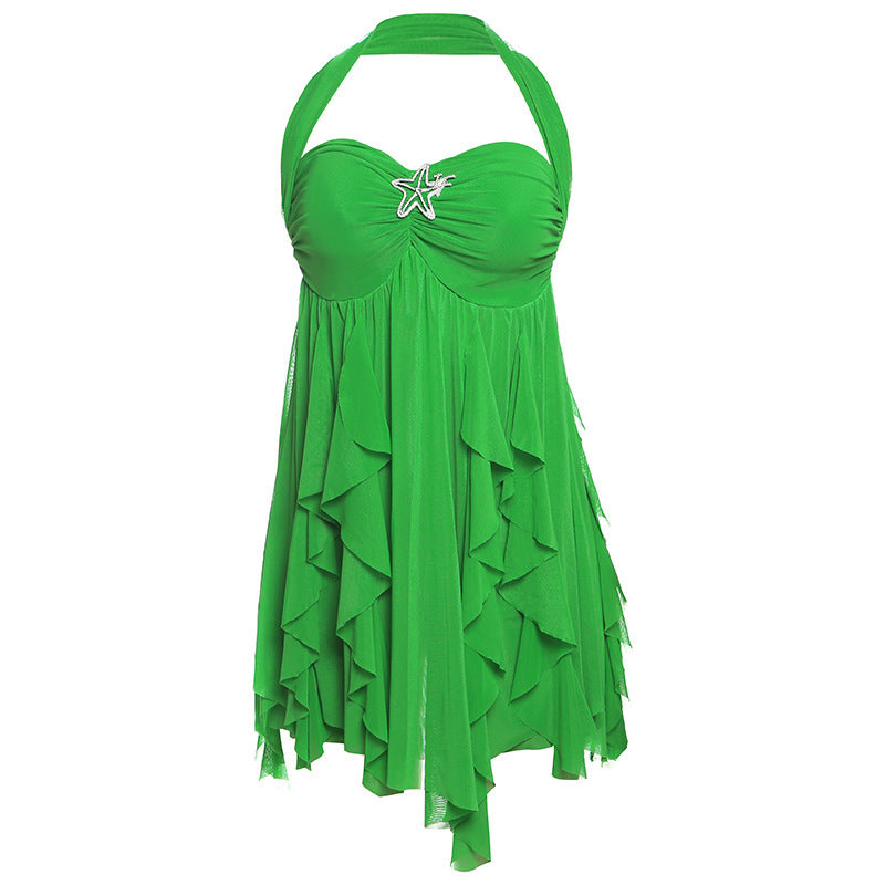 Ins Halter Neck Backless Dress Summer Sexy Printed Irregular Mesh Short Dresses For Evening Party Club Women's Garments Apparel / Clothing