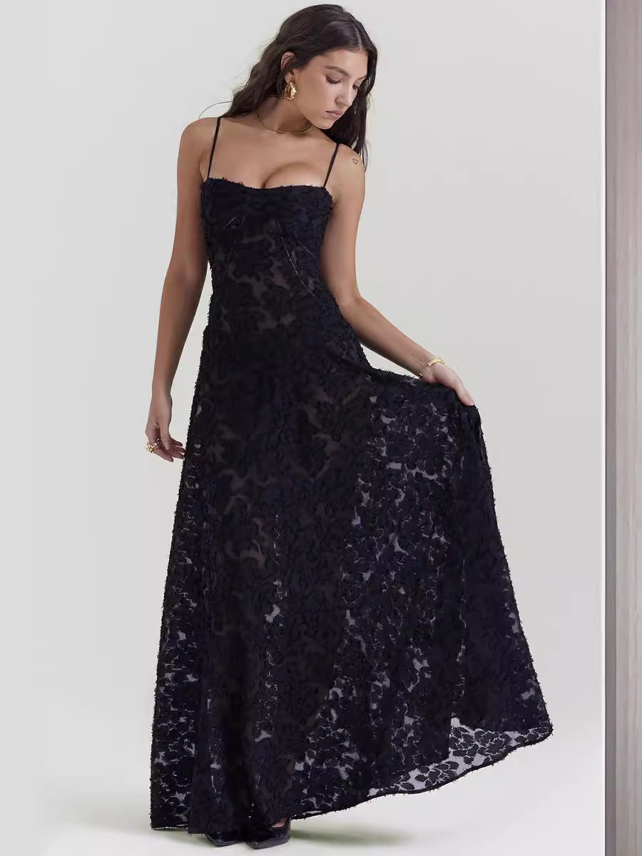 Sexy Flowers Lace Suspender Dress Summer Fashion Slim Back Lace-up Long Dresses Party Evening Club Clothing For Women's Garments Apparel / Clothing