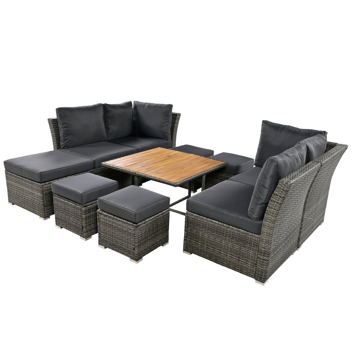 U STYLE Patio Furniture Set, 10 Piece Outdoor Conversation Set, CoffeeTable With Ottomans, Solid Woo
