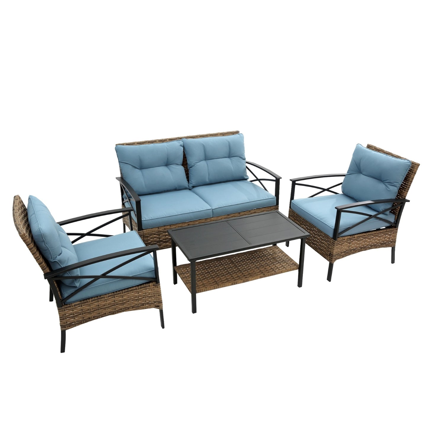 4-Piece Patio Sectional Low Sofa Set - KD Rattan Wicker Outdoor Garden Patio Furniture