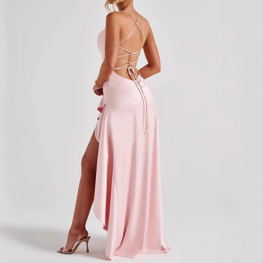Women's Backless Ruffles Irregular Dress Summer Fashion Evening Party Club Split Suspender Maxi Dresses Clothing Women's Garments Apparel / Clothing