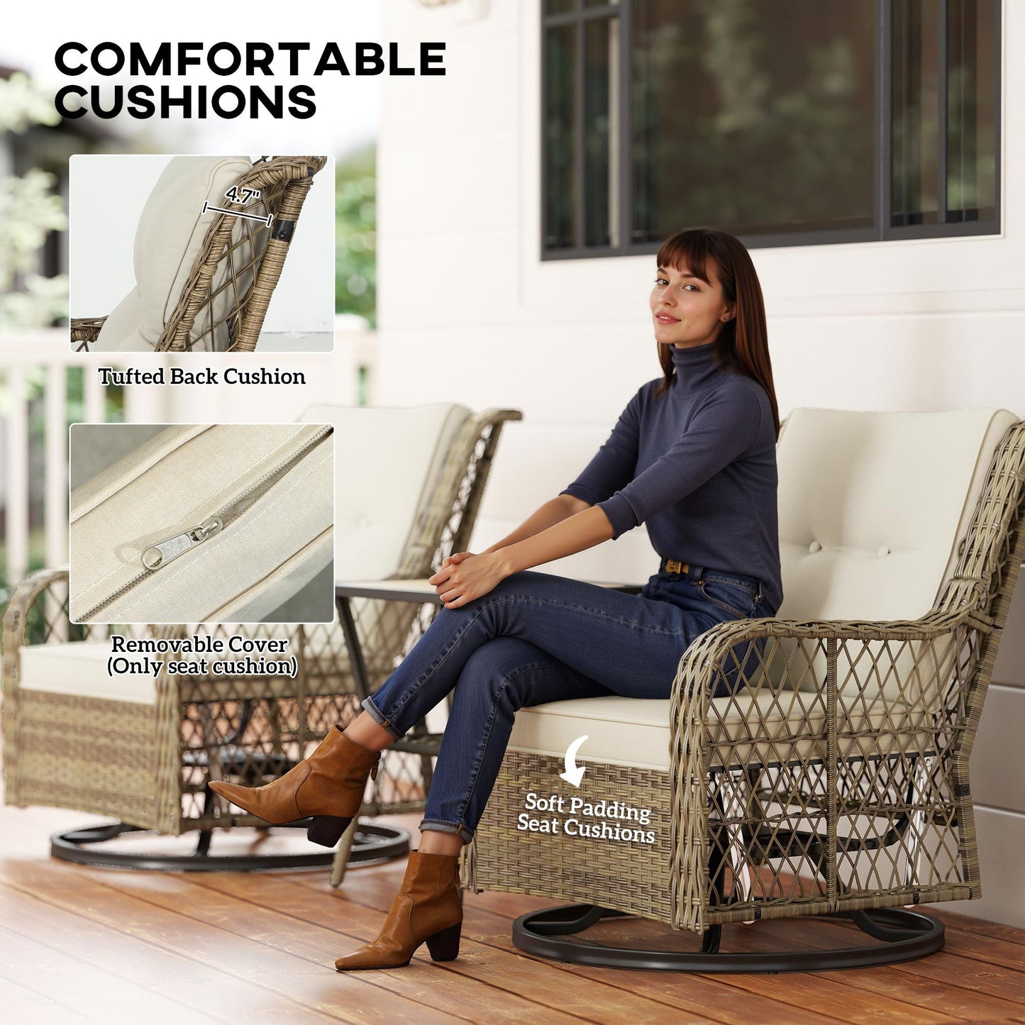 3 Piece Outdoor Bistro Set, Wicker Small Patio Furniture Set With Swivel Glider Chairs For Balcony, Porch, Beige Outdoor Garden Patio Furniture