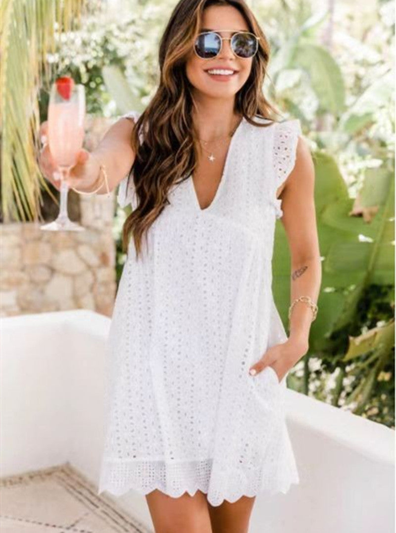 Lace Dresses With Pocket Summer Sleeveless Jacquard Cutout V-Neck Beach Dress Women's Garments Apparel / Clothing