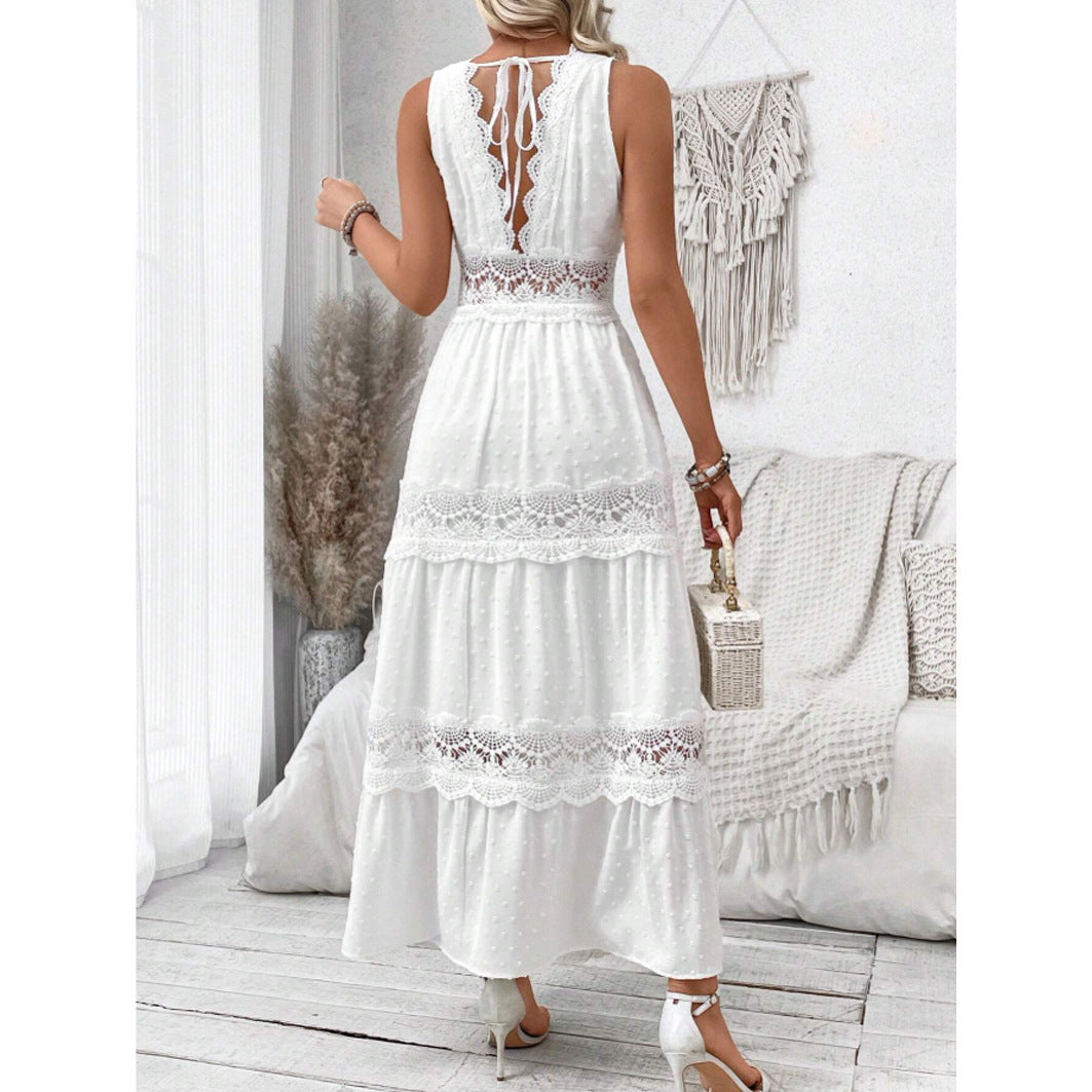 Women's Lace Stitching V-neck Sleeveless Dress Women's Garments Apparel / Clothing