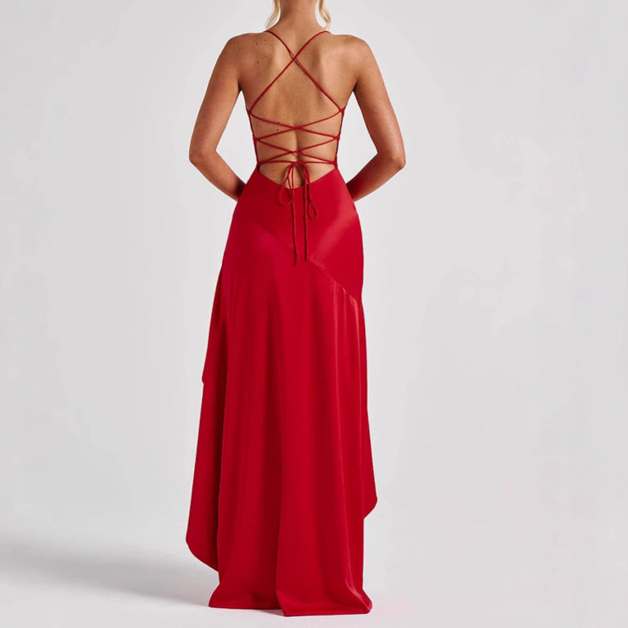 Women's Backless Ruffles Irregular Dress Summer Fashion Evening Party Club Split Suspender Maxi Dresses Clothing Women's Garments Apparel / Clothing