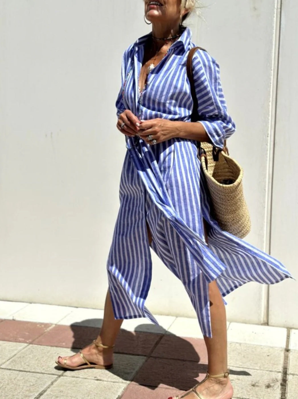 Striped Shirt Dress With Belt Fashion Half-sleeved Lapel Button Cardigan Dresses Women's Garments Apparel / Clothing