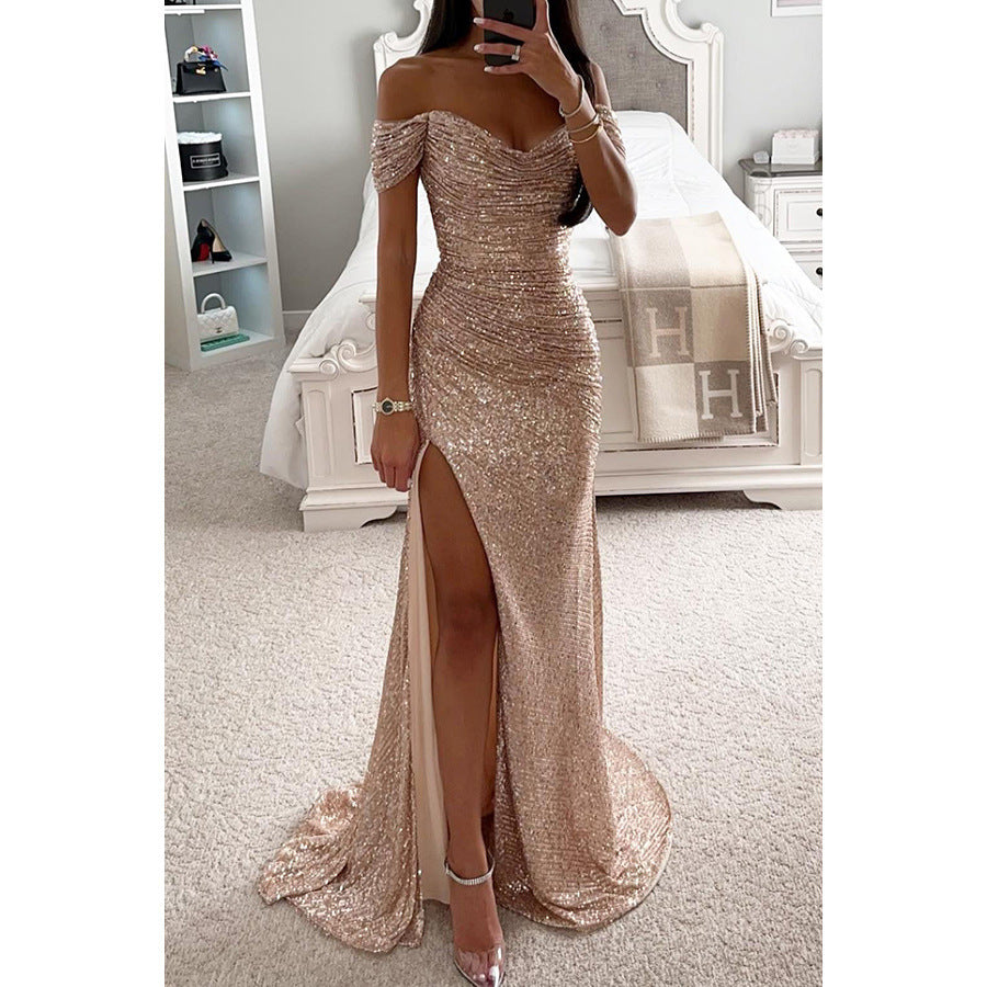 Party Sequins Off-neck Split Dress INS Casual Fashion Dress Women's Garments Apparel / Clothing