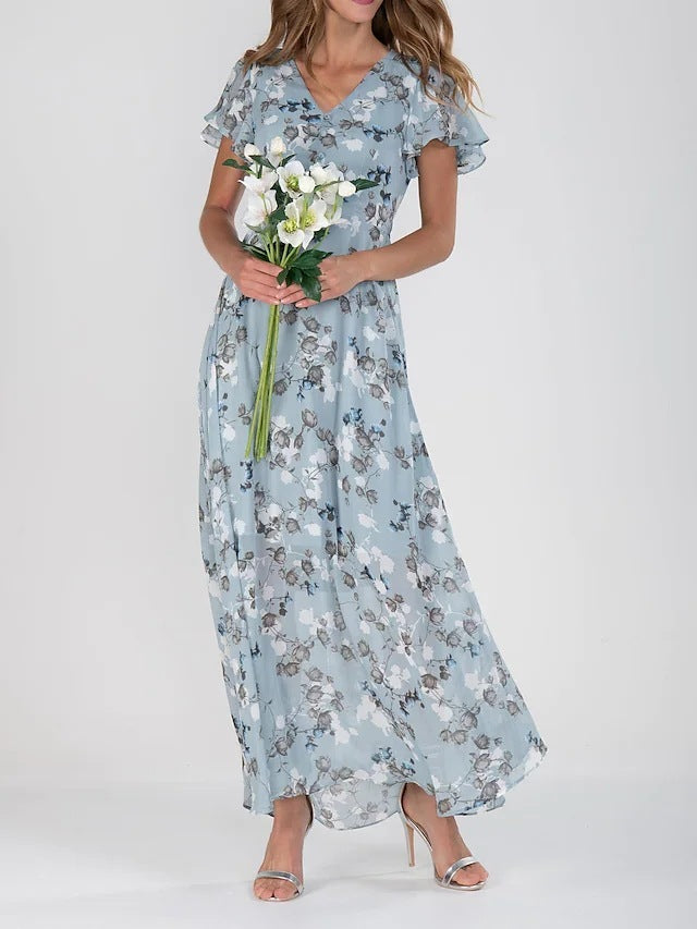 Flowers Print Short Sleeve Dress Summer Fashion Ruffle Beach Dresses Women's Garments Apparel / Clothing