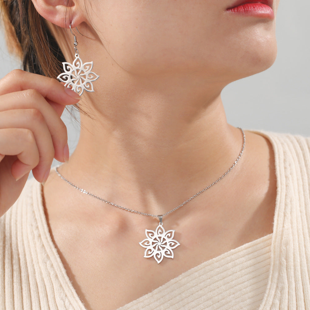 Stainless Steel Eight-petal Flower Necklace Ear Hook Set Jewelry & Accessories