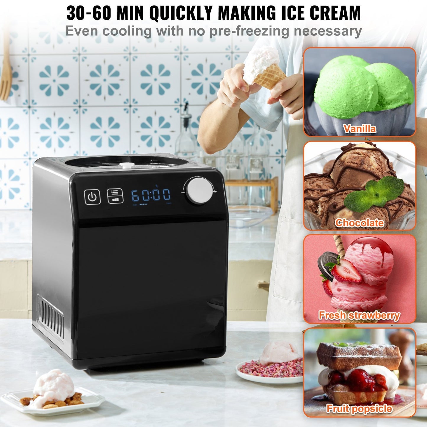 Upright Automatic Ice Cream Maker With Built-in Compressor, 2 Quart No Pre-freezing Fruit Yogurt Machine, Stainless Steel Electric Sorbet Maker, 4 Modes Gelato Maker With Digital Display Timer Home Essentials