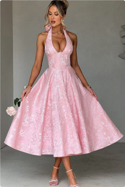 V-neck Halter Sleeveless Jacquard Lace-up Waist Vacation Style Long Senior Dress Women's Garments Apparel / Clothing