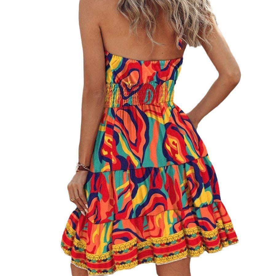 Summer European And American New Printed Halter Dress Women's Garments Apparel / Clothing