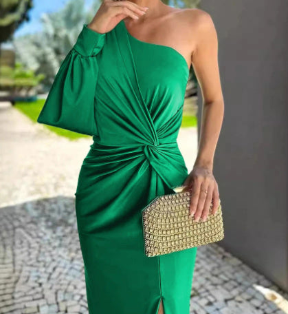 Women's Diagonal Shoulder Knot Split Solid Color Slim Fit Dress Women's Garments Apparel / Clothing