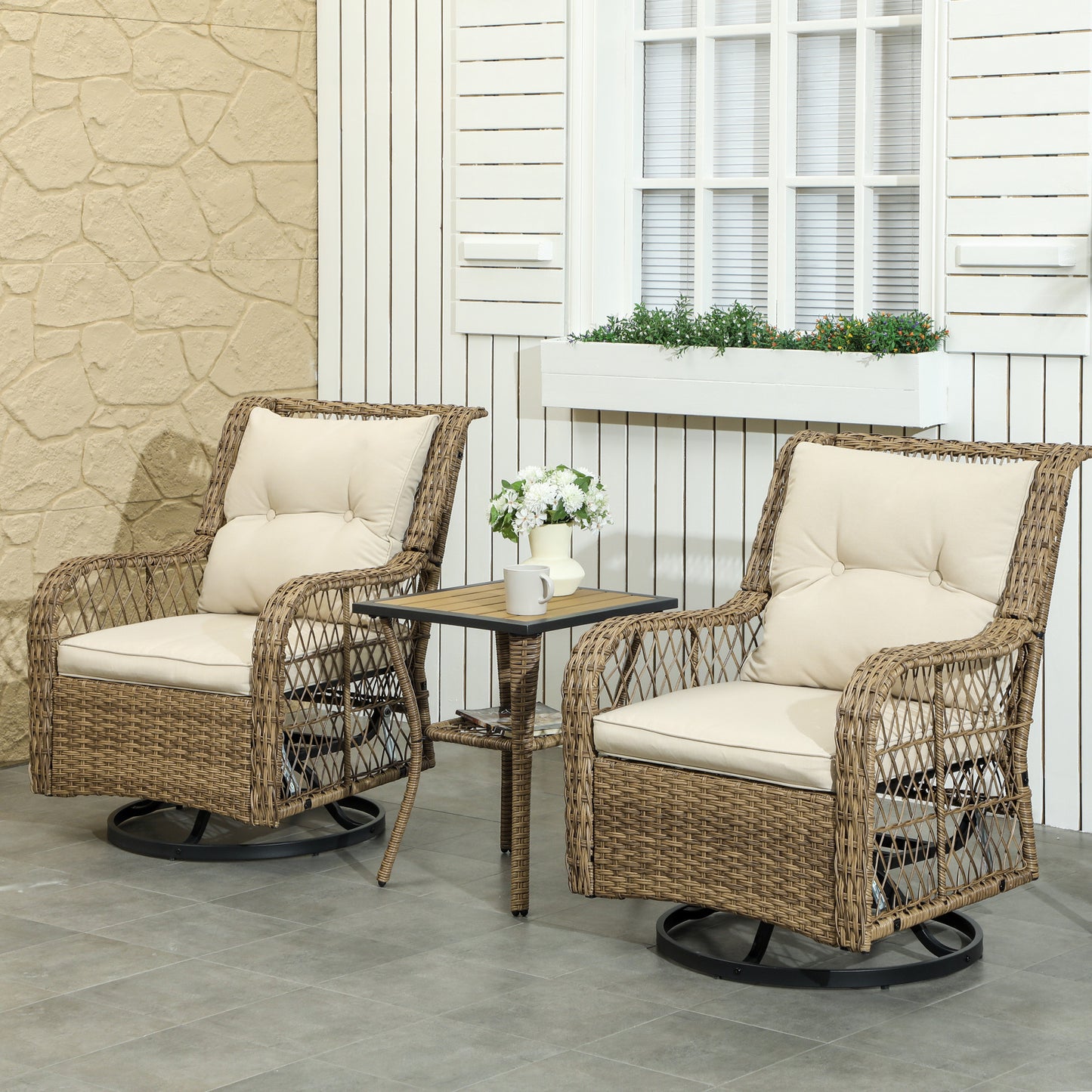 3 Piece Outdoor Bistro Set, Wicker Small Patio Furniture Set With Swivel Glider Chairs For Balcony, Porch, Beige Outdoor Garden Patio Furniture