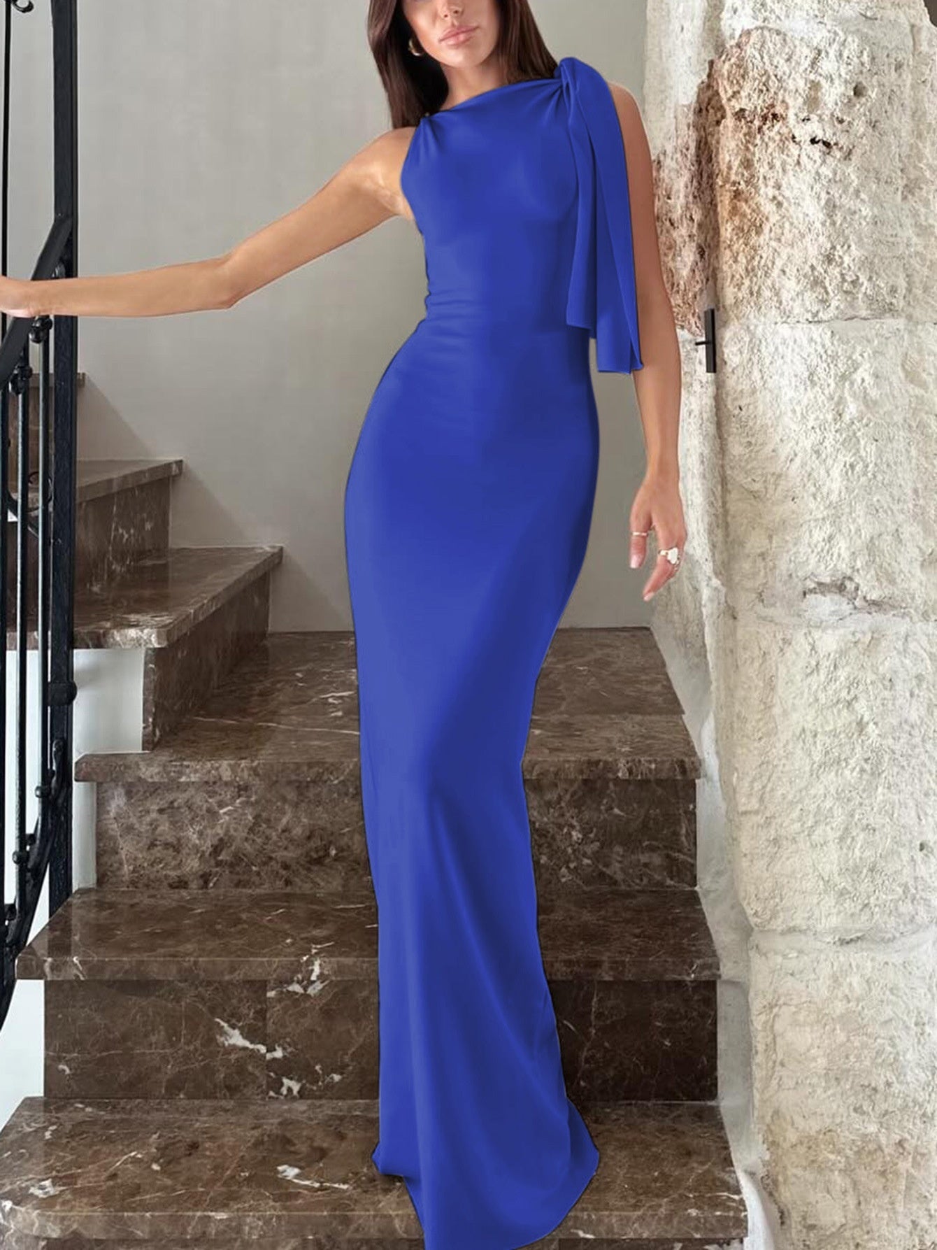 One-shoulder Ribbon Long Dress Ins Fashion Slim Sleeveless Dresses For Evening Party Club Women's Garments Apparel / Clothing