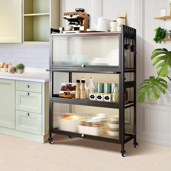 4-Tier Bakers Racks For Kitchens, Kitchen Storage Cabinets, Microwave Stand, Kitchen Shelves For Spices, Pots And Pans Cabinet Send With Of Brakeable Casters