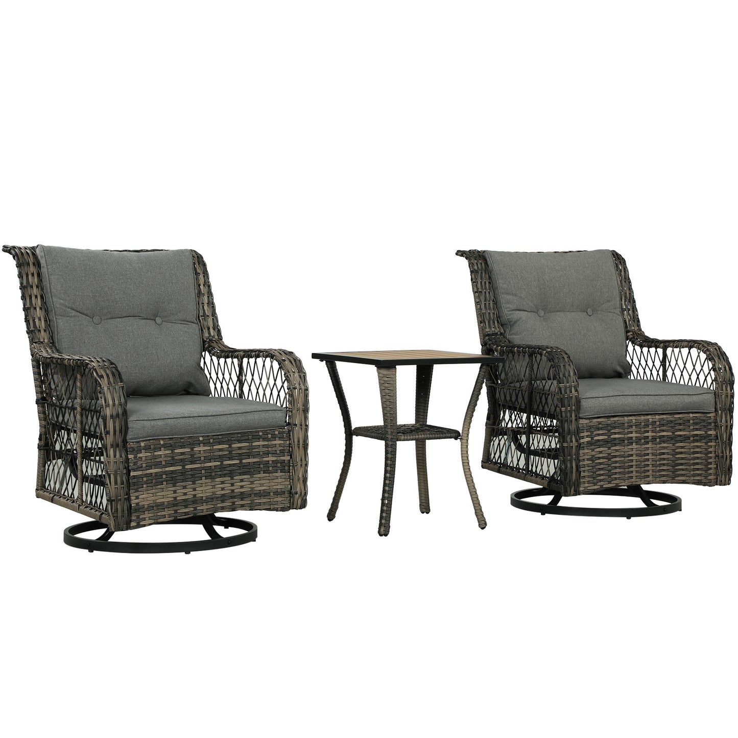 3 Piece Outdoor Bistro Set, Wicker Small Patio Set With Swivel Glider Chairs For Balcony, Porch, Gray Outdoor Garden Patio Furniture