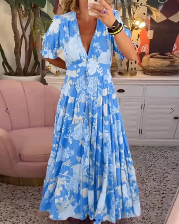 Printed Long And Wide Dress Women's Garments Apparel / Clothing