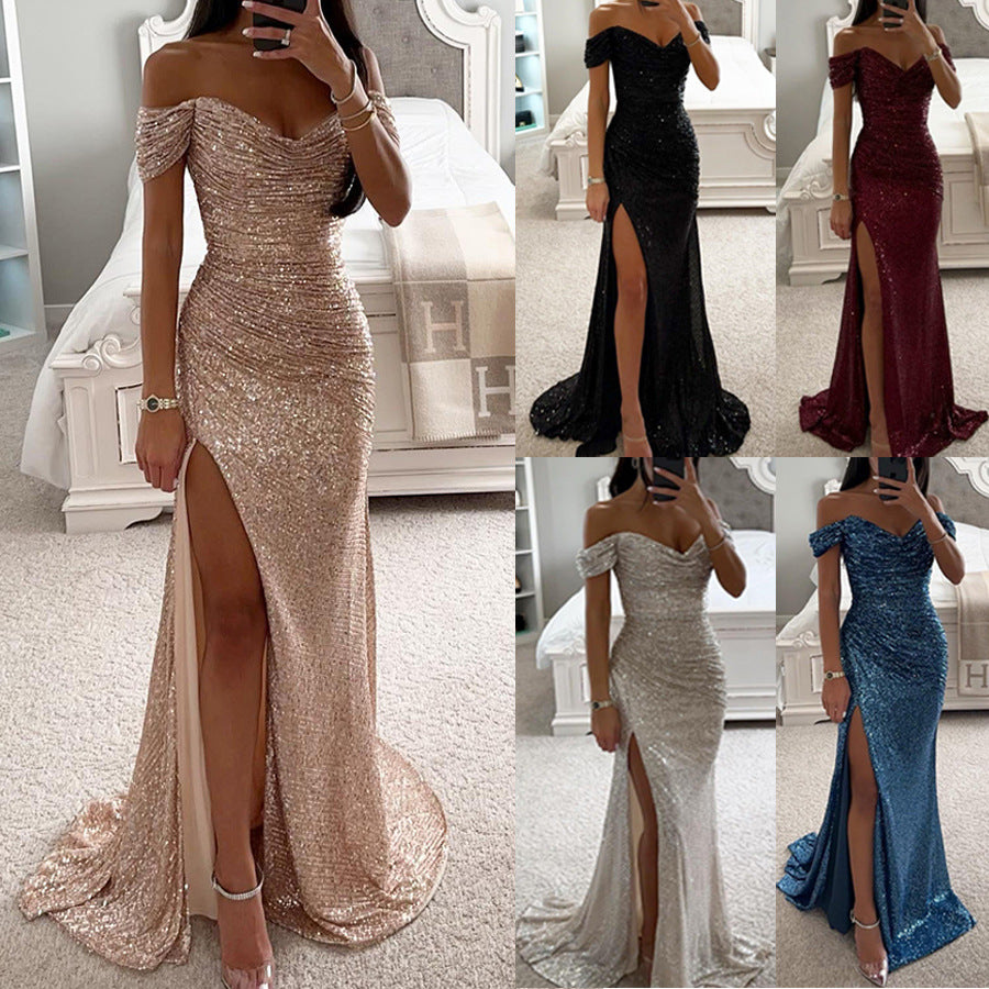 Party Sequins Off-neck Split Dress INS Casual Fashion Dress Women's Garments Apparel / Clothing