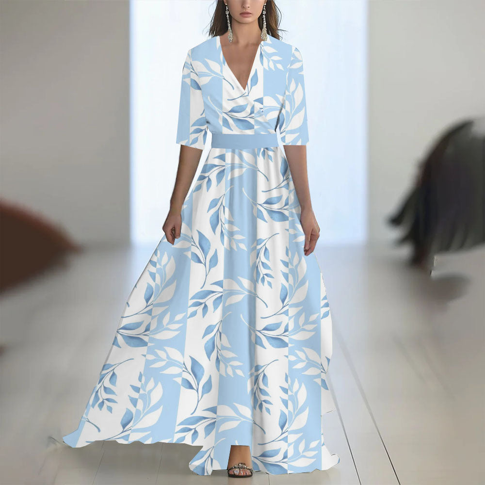 Printed Long Sleeved V-neck Patchwork Dress Women's Garments Apparel / Clothing